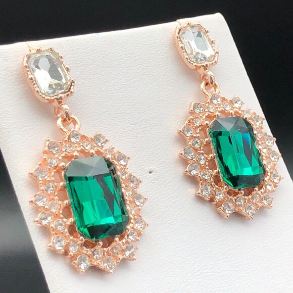 Simulated Emerald Earrings Green and Clear Crystals Cluster Bridal Dangles - Picture 6 of 6